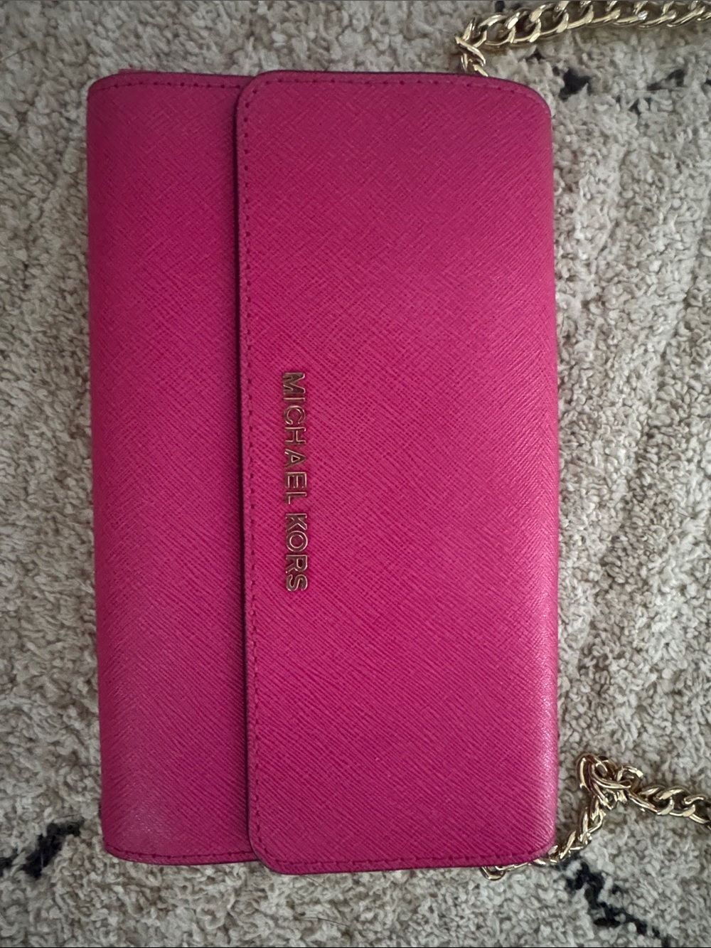 Michael Kors Hot Pink Saffiano Crossbody Wallet with Gold Chain